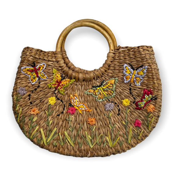 Lord & Taylor Handbags - Lord & Taylor Vintage Women's Straw Handbag With Embroidered Butterflies